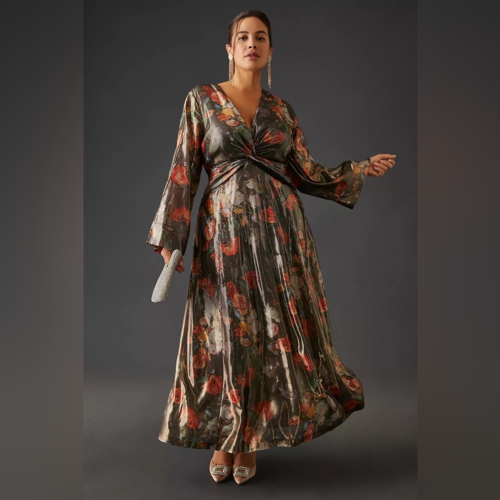 Anthropologie Caballero Floral Metallic Shimmer V-Neck Maxi Dress